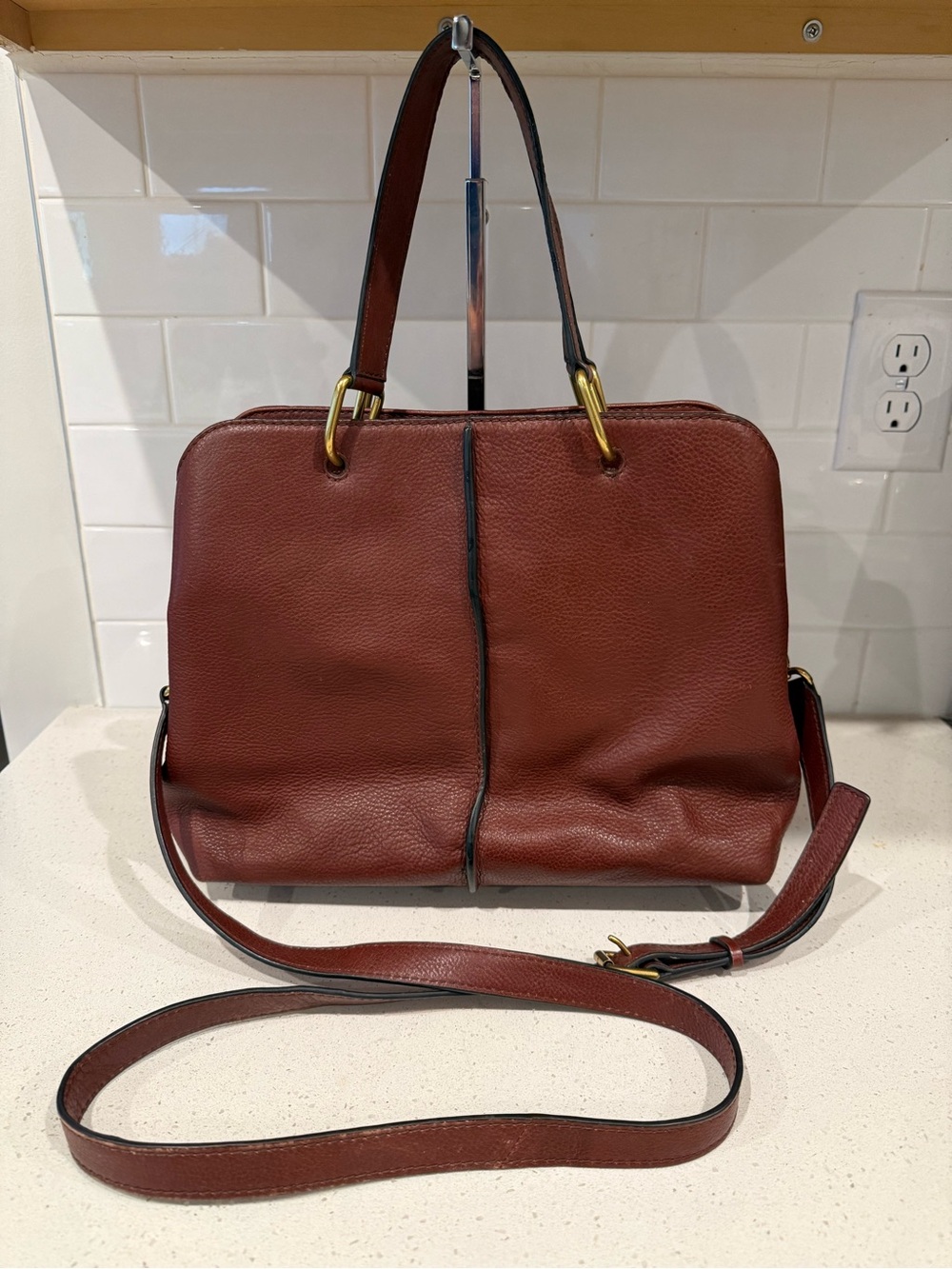 Fossil Structured Leather Brown Satchel Purse Crossbody